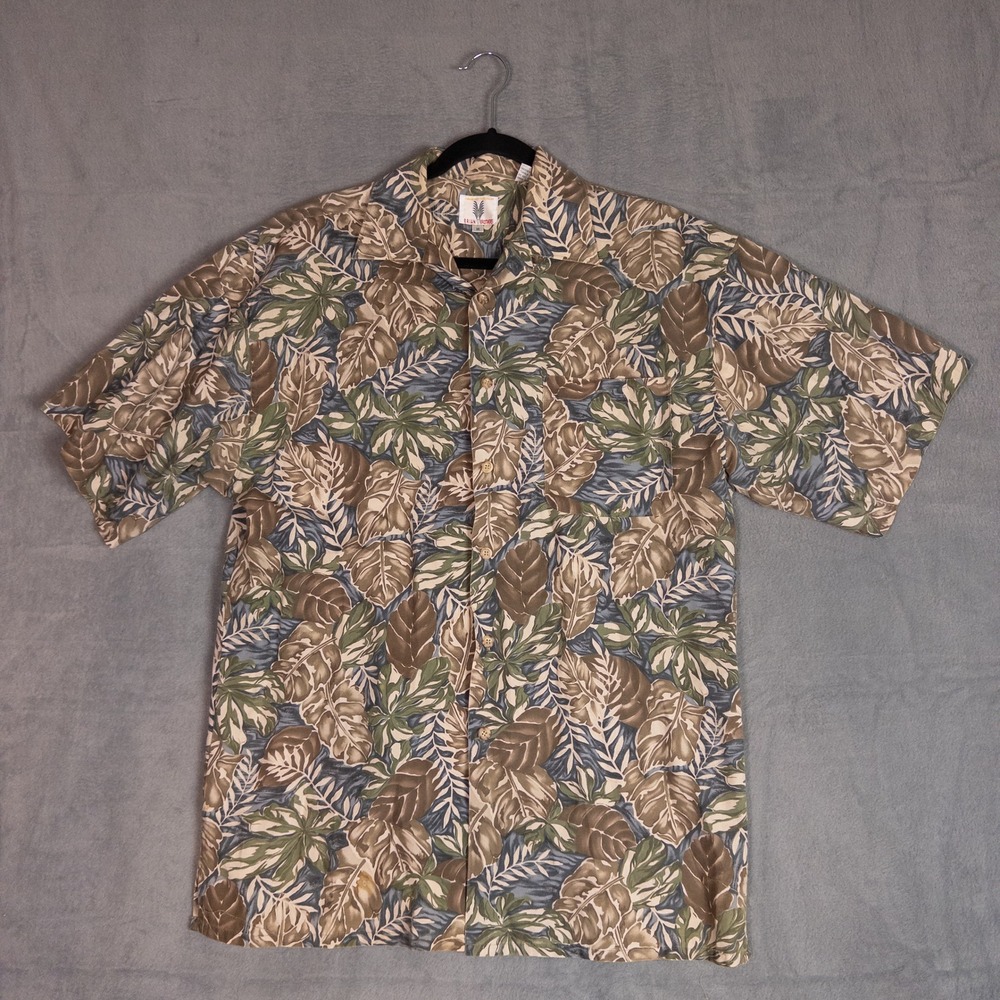Brian Brothers Button Up Shirt Mens Medium Brown Green Tropical Leaf Excellent